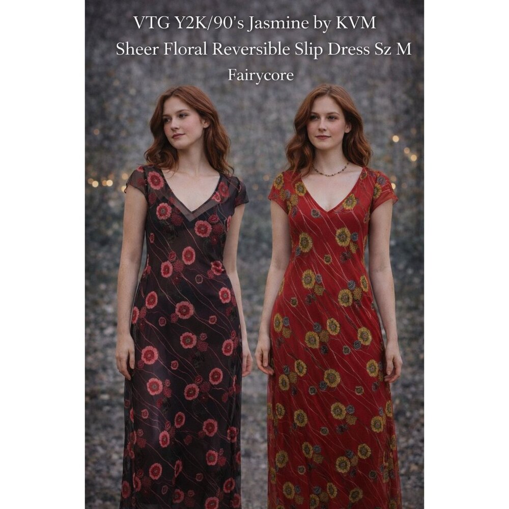 VTG Y2K/90’s Jasmine by KVM Sheer Floral Reversible Slip Dress Sz M Fairycore